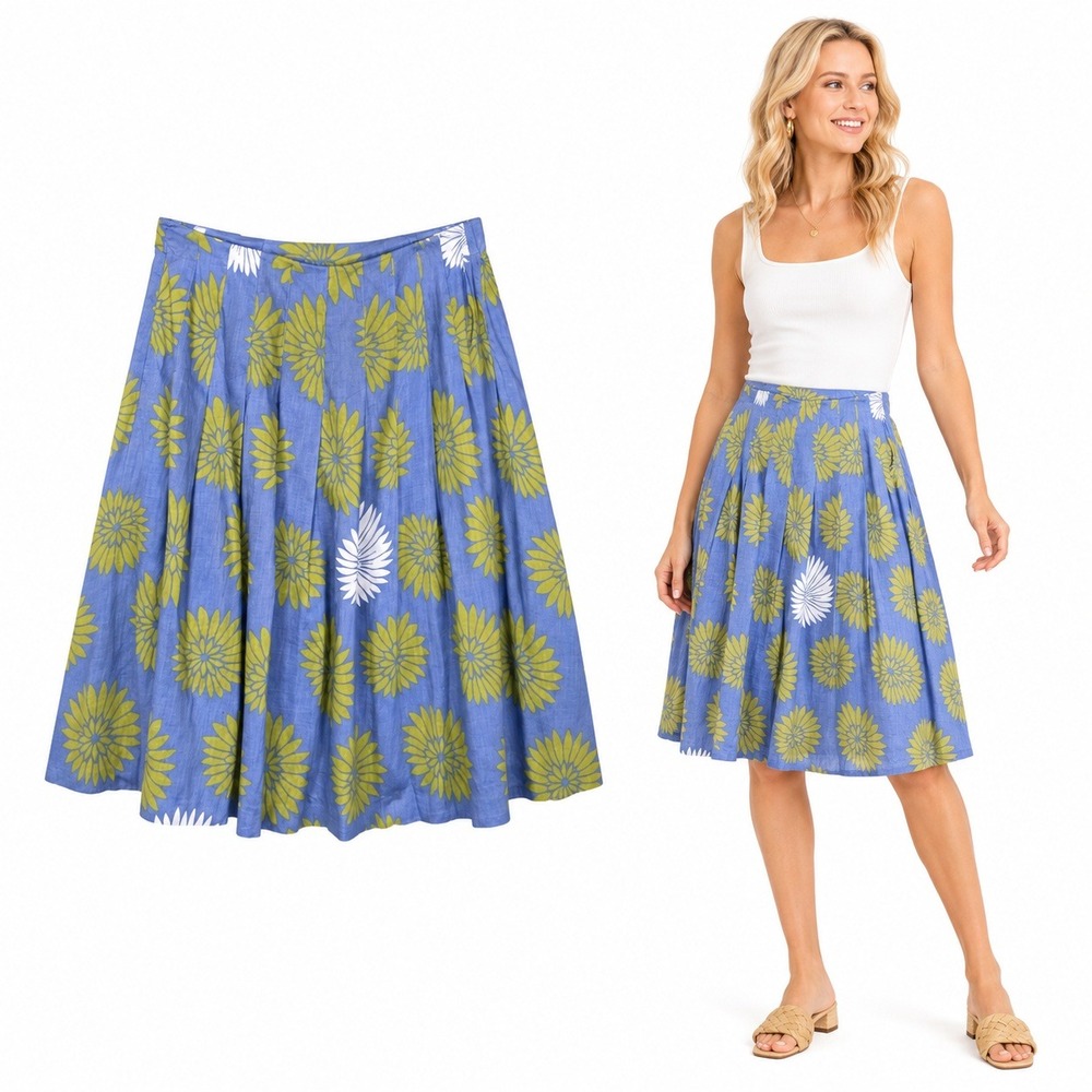 Isda & Co Skirt Womens 6 Blue Floral A-Line Pleated Knee Length Sunburst Cotton